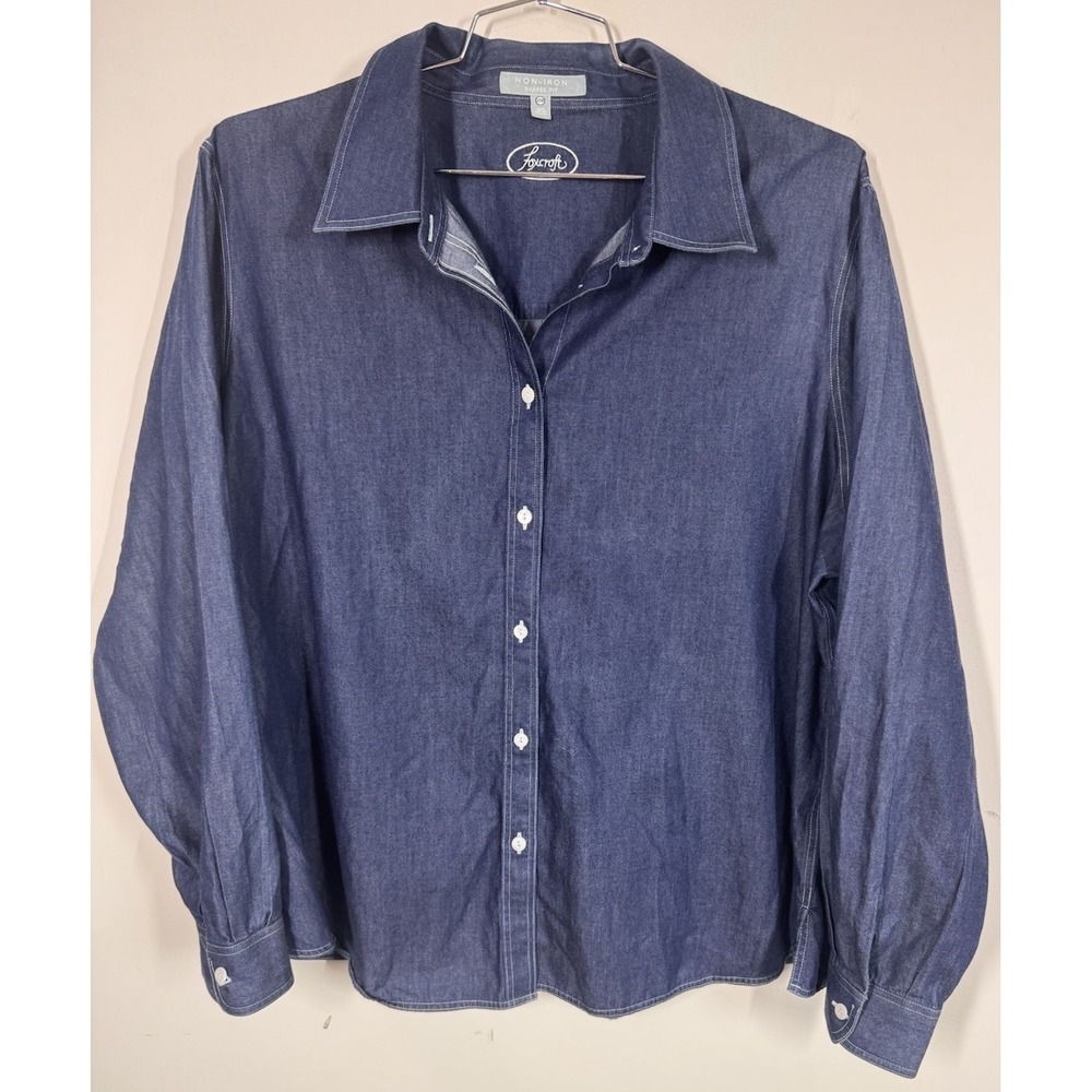 Foxcroft Denim Non Iron Shaped Fit Long Sleeve Button Up Shirt Blouse Women's 22